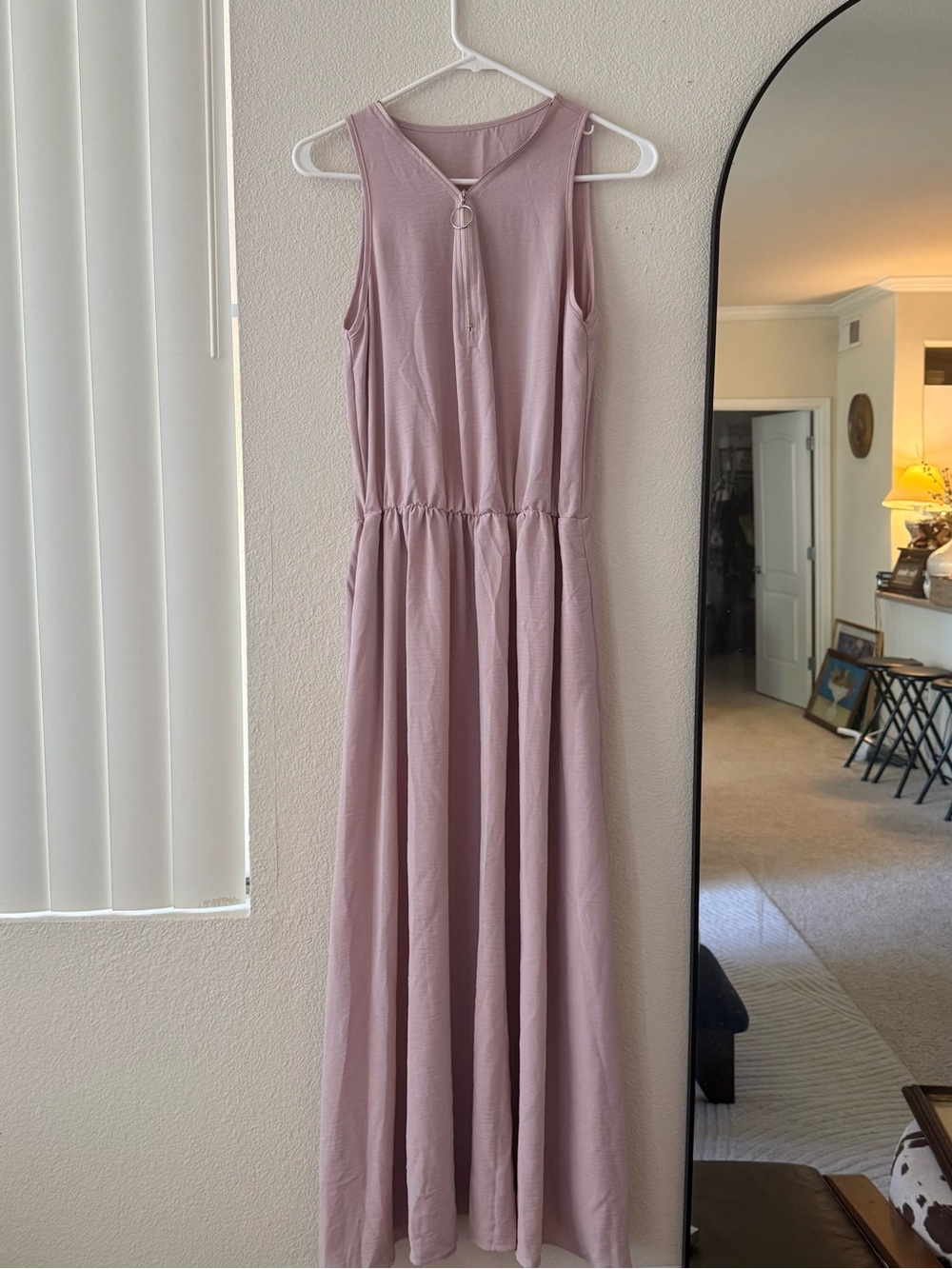 Women’s Dusty Pink Sleeveless Midi Dress Ring Zip Front Stretch Casual Size M